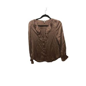 Joie Womens Brown/pink Long Sleeve V Neck Ruffle Silk Top Blouse Size XS